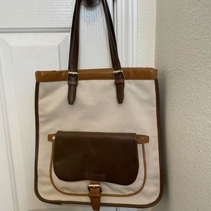 LongChamp Canvas Shoulder Tote W/ Leather Trimming
